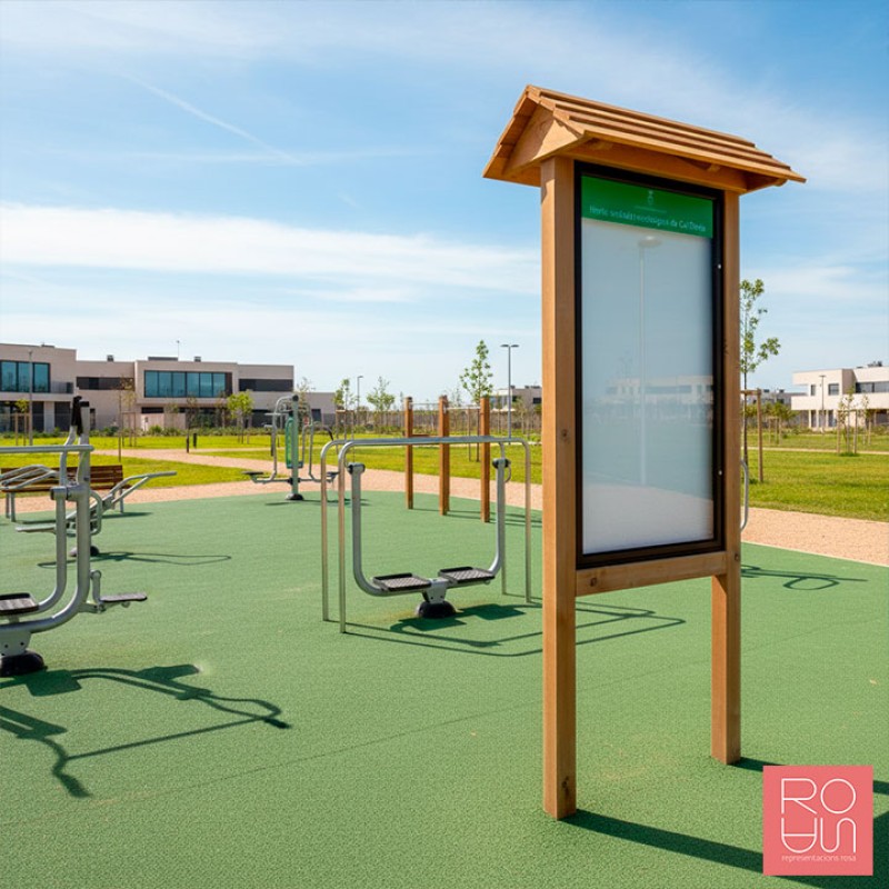 Cartellera d'informació de fusta amb vitrina i sense teulada